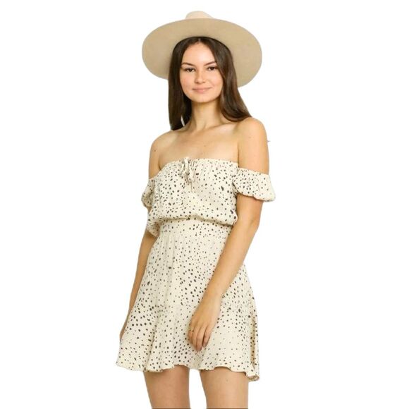 Olivaceous Off Shoulder Beige Midi Dress Size L Boho Feminine Summer Flowy - Picture 1 of 15